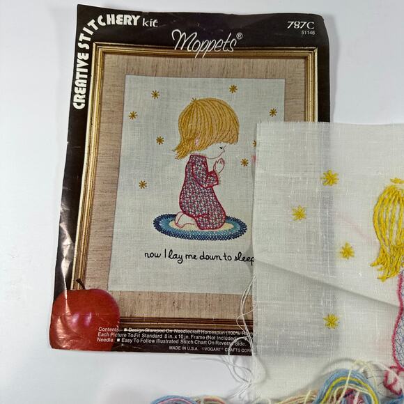 Creative Stitchery Moppets Crewel Kit Now I Lay me down Sleep Incomplete - Picture 2 of 9